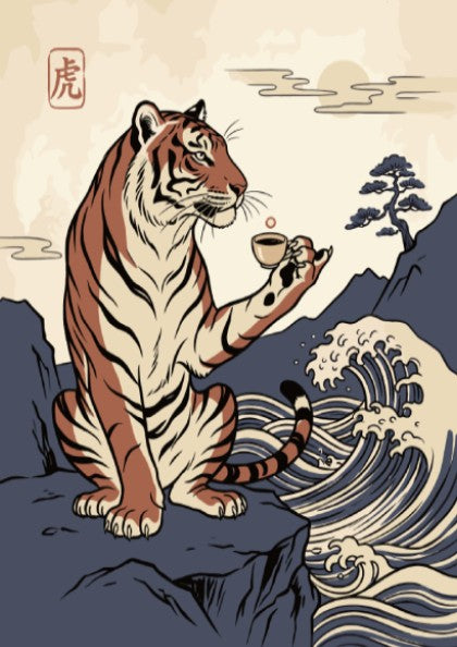 Poster of a tiger on a cliff holding an espresso cup in Japanese style