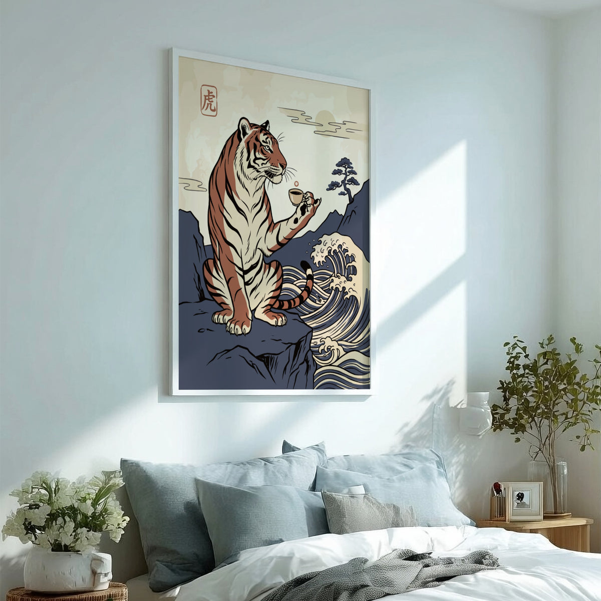 Poster of a tiger on a cliff holding an espresso cup in Japanese style