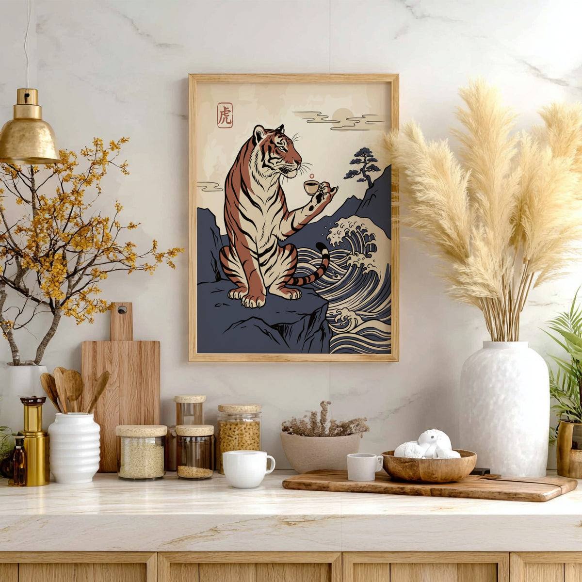 Poster of a tiger on a cliff holding an espresso cup in Japanese style