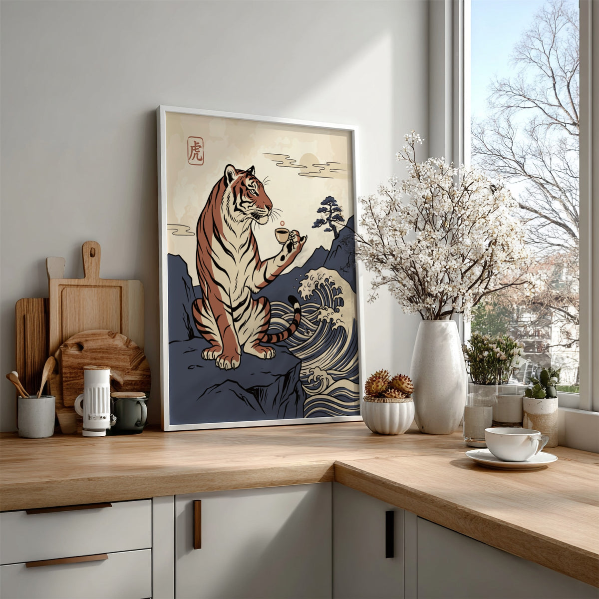 Poster of a tiger on a cliff holding an espresso cup in Japanese style