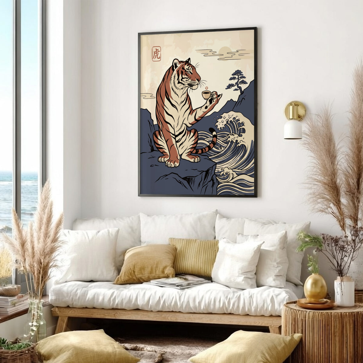 Poster of a tiger on a cliff holding an espresso cup in Japanese style