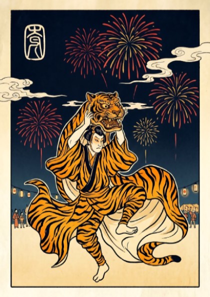 Tiger Dancer poster featuring vibrant colors and fireworks in Japanese art style