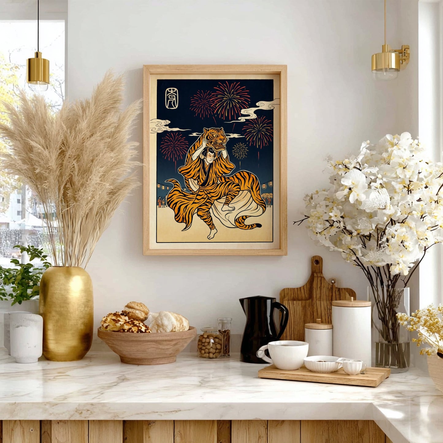 Tiger Dancer poster featuring vibrant colors and fireworks in Japanese art style