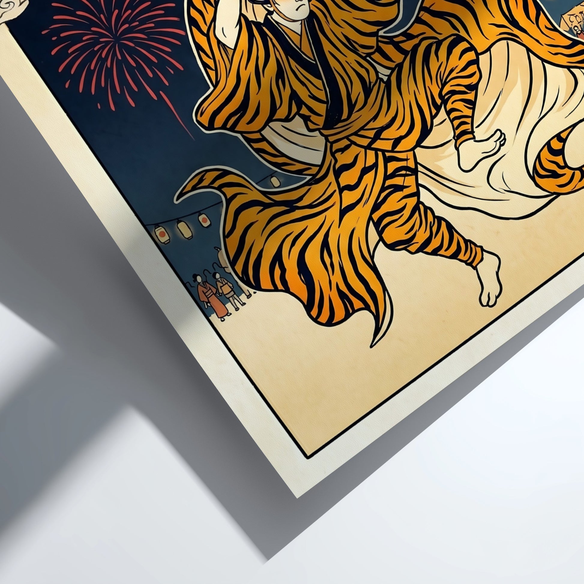 Tiger Dancer poster featuring vibrant colors and fireworks in Japanese art style