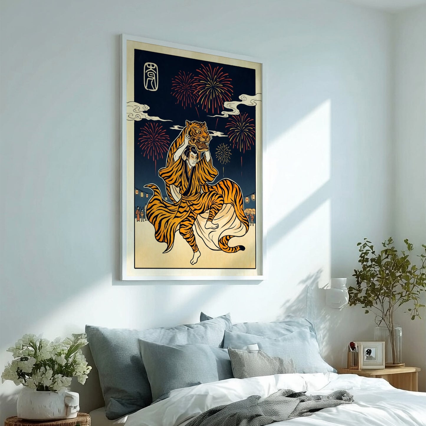 Tiger Dancer poster featuring vibrant colors and fireworks in Japanese art style
