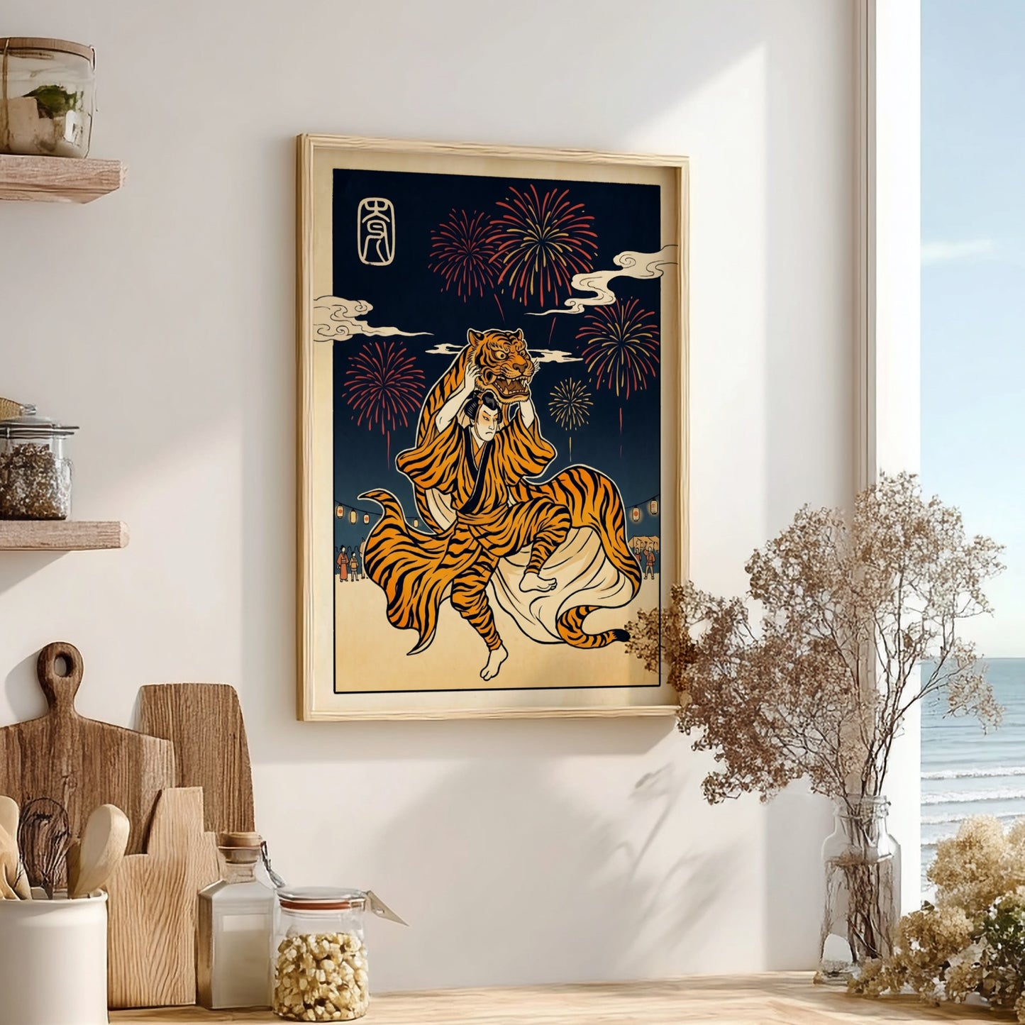 Tiger Dancer poster featuring vibrant colors and fireworks in Japanese art style