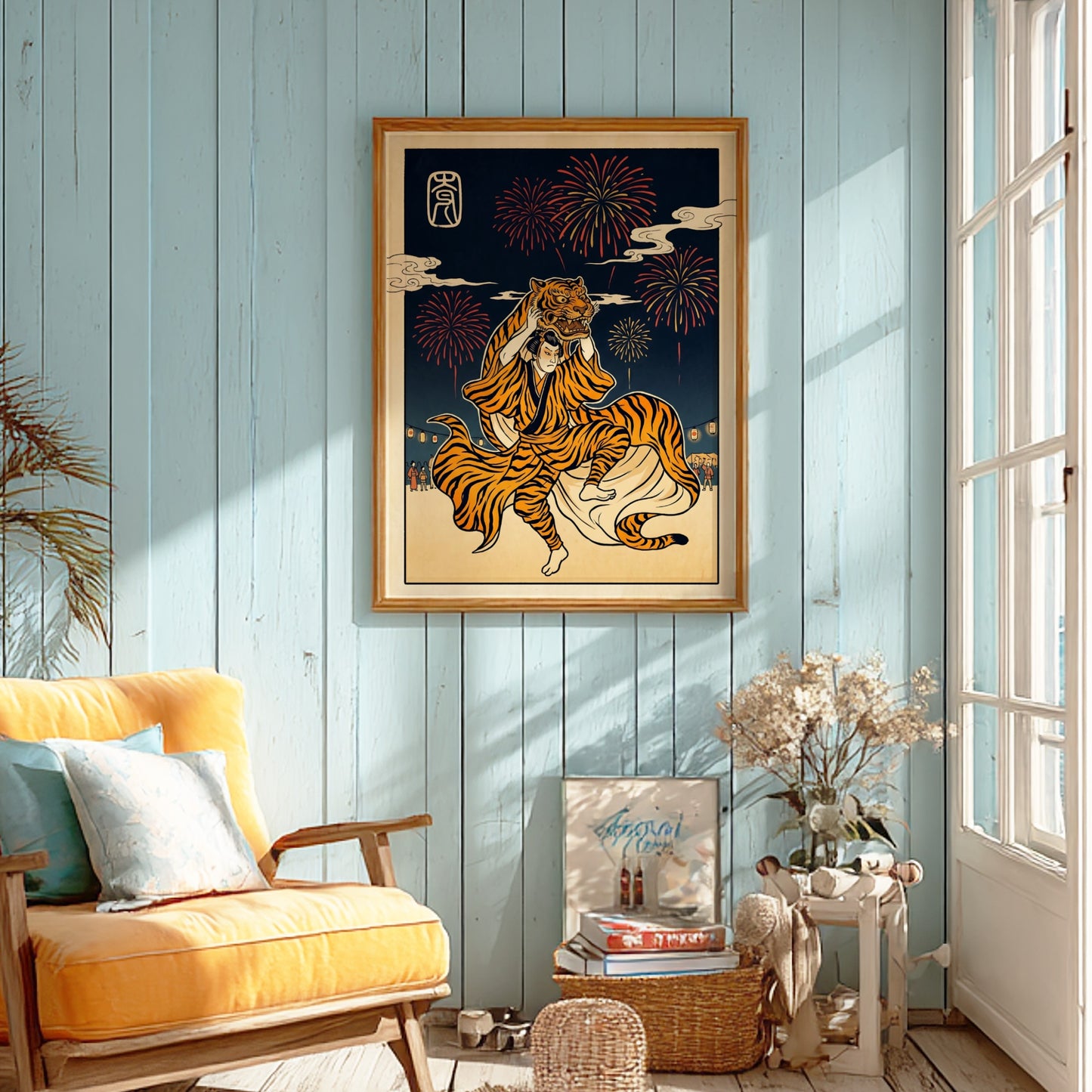 Tiger Dancer poster featuring vibrant colors and fireworks in Japanese art style