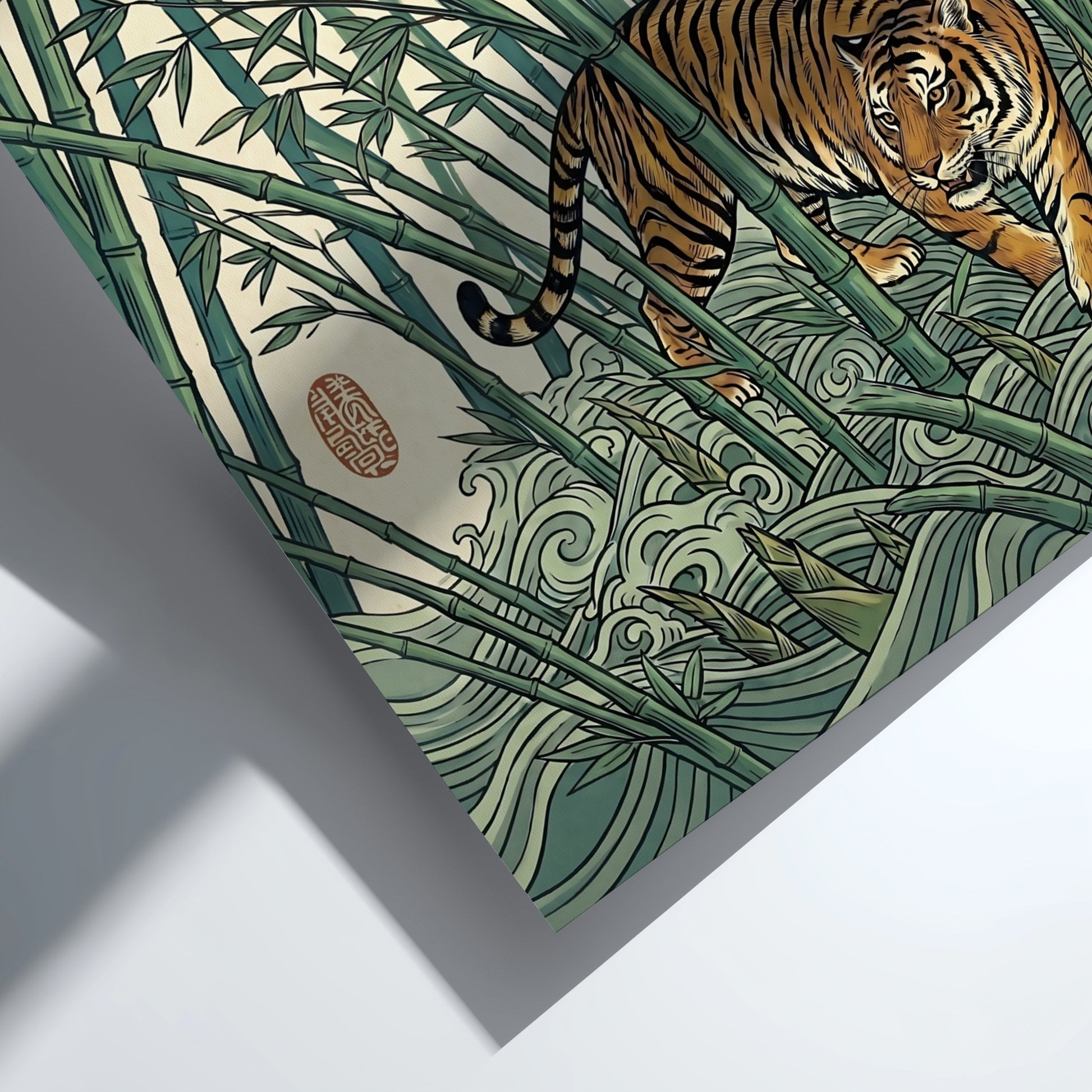 Japanese art style poster featuring a tiger in a dense bamboo forest with rich greens and warm tones