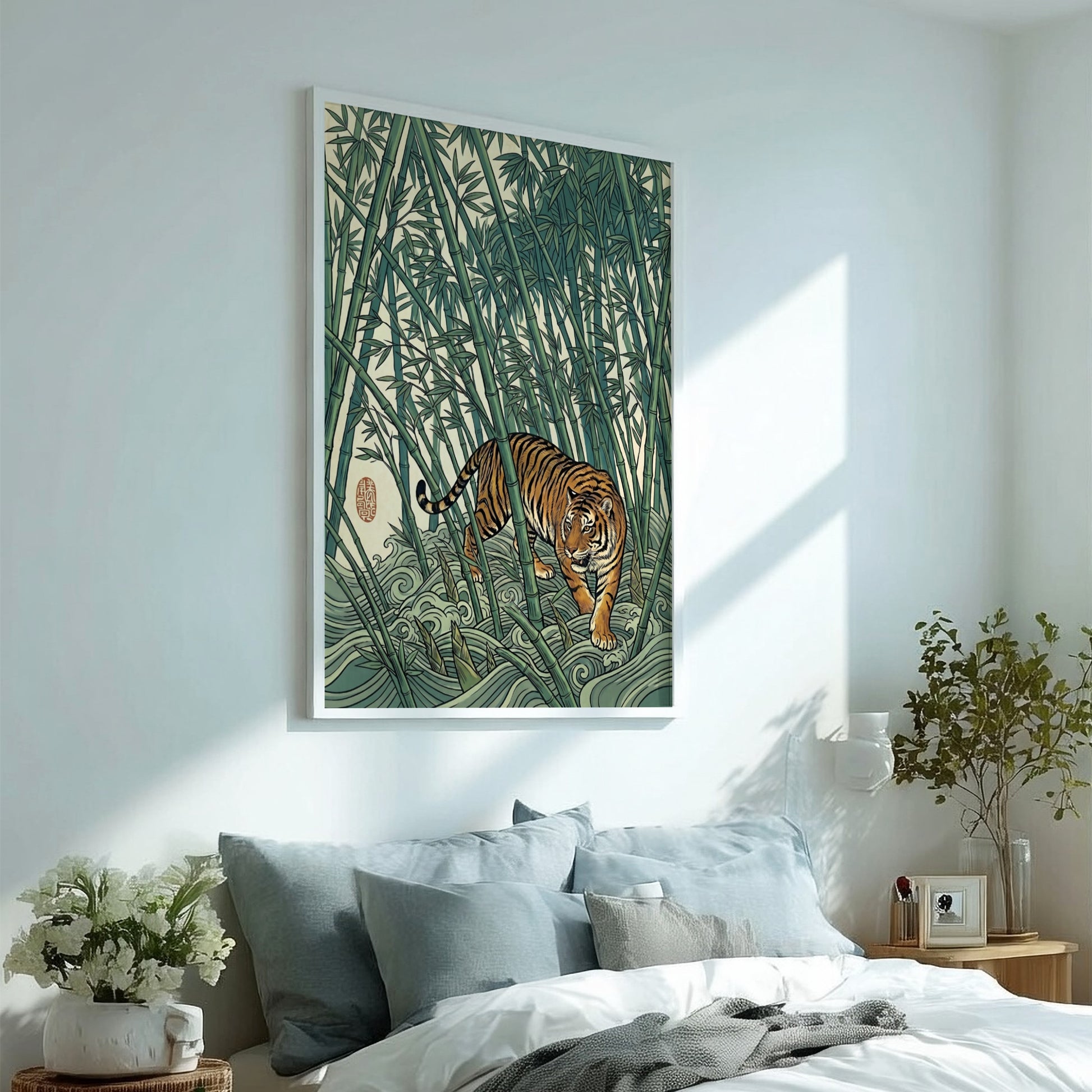 Japanese art style poster featuring a tiger in a dense bamboo forest with rich greens and warm tones