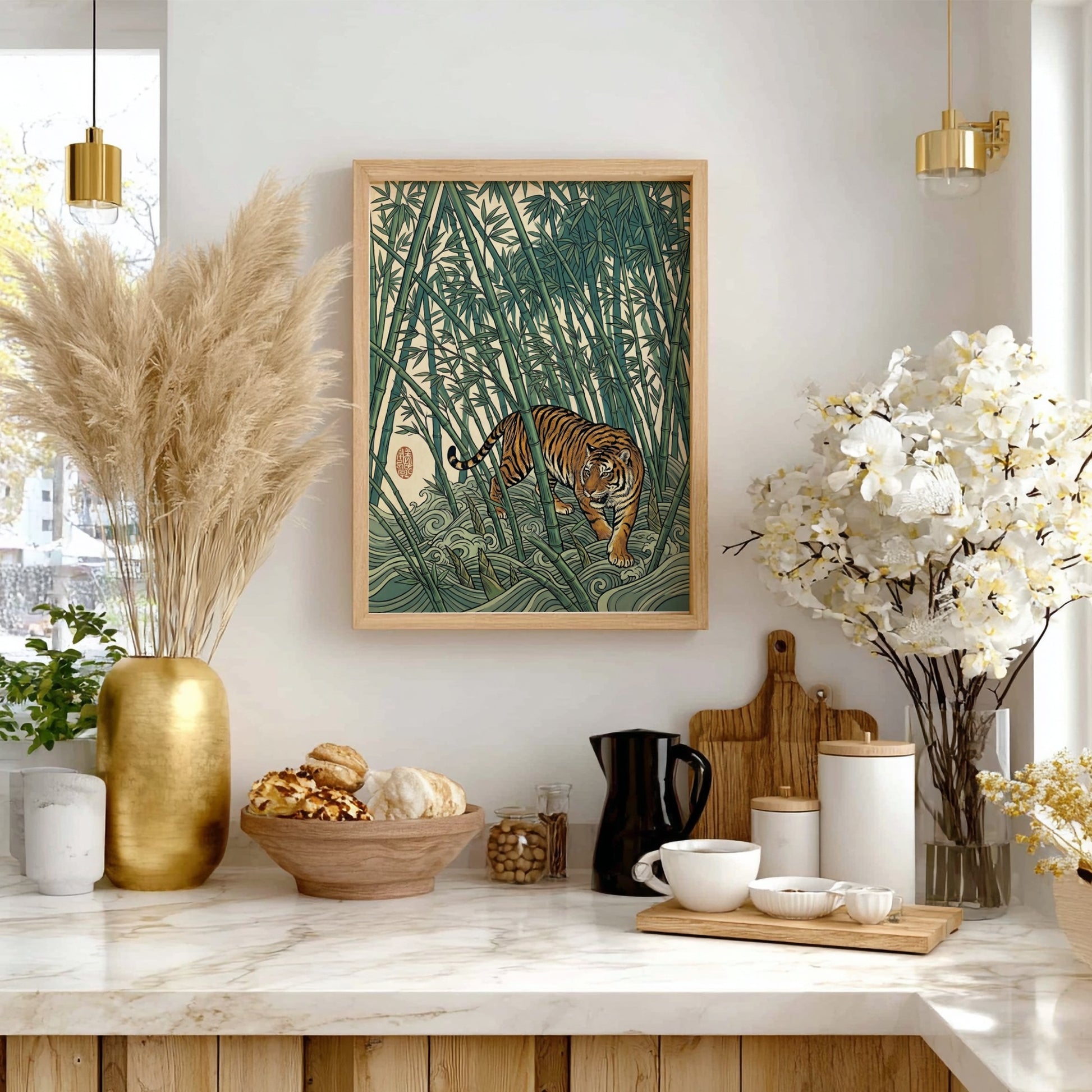 Japanese art style poster featuring a tiger in a dense bamboo forest with rich greens and warm tones