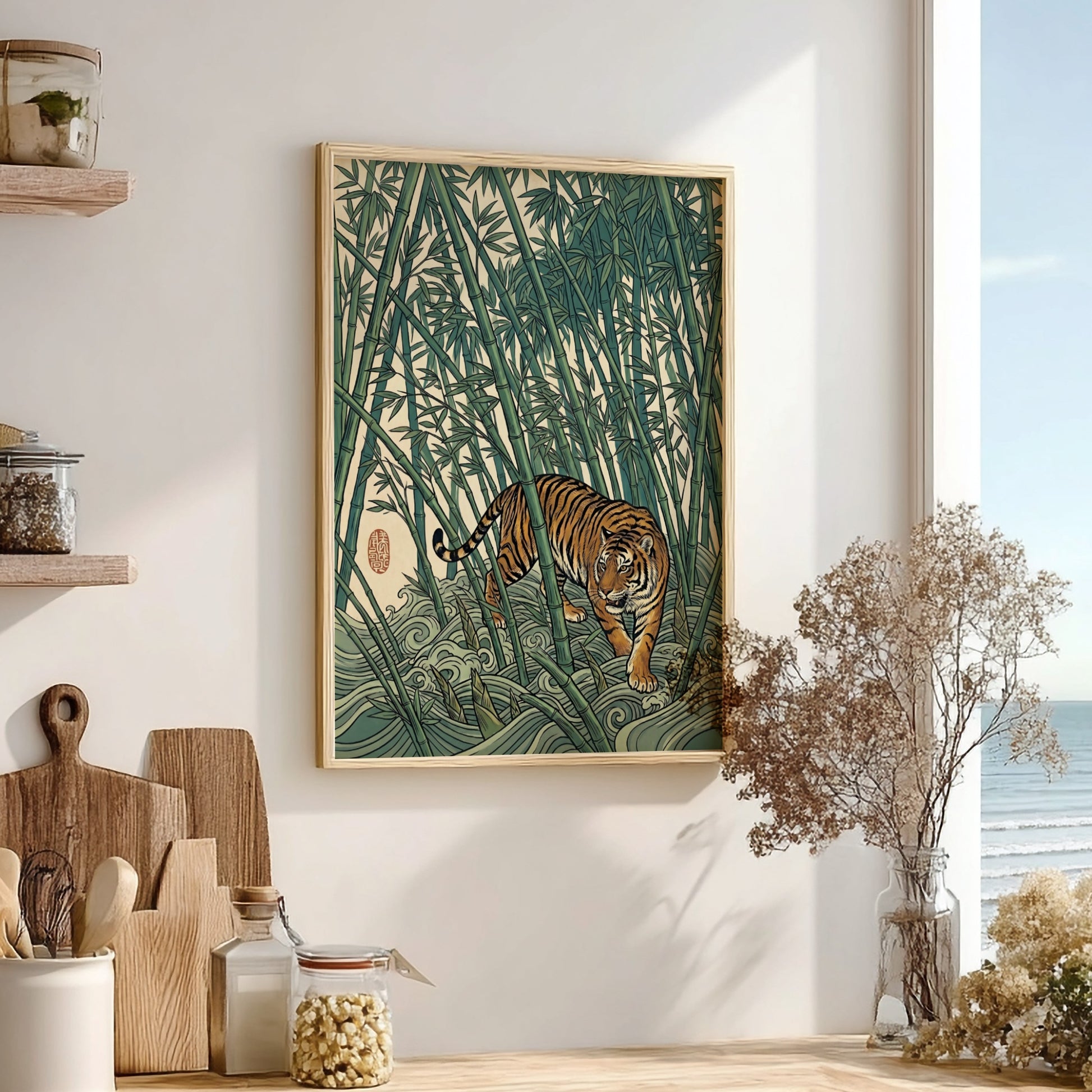 Japanese art style poster featuring a tiger in a dense bamboo forest with rich greens and warm tones