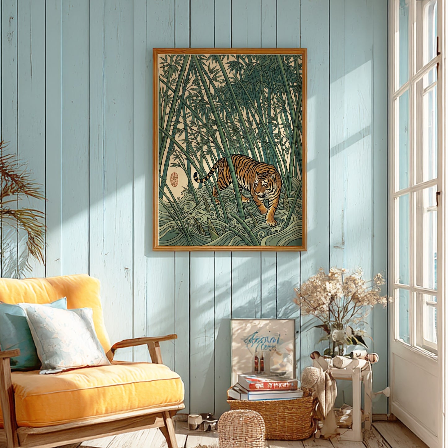 Japanese art style poster featuring a tiger in a dense bamboo forest with rich greens and warm tones