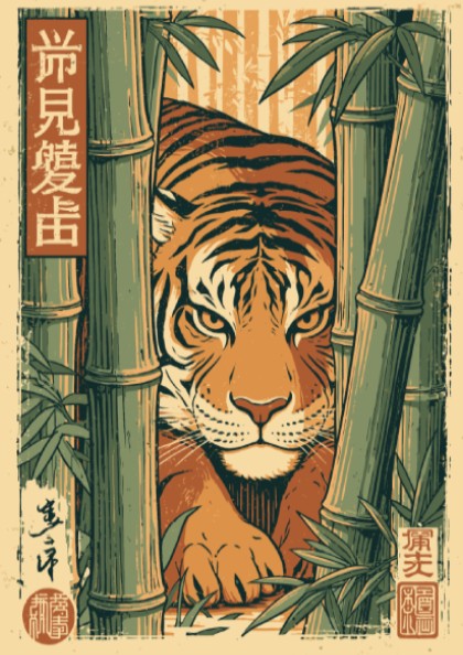 Japanese art style poster of a tiger peeking through bamboo stalks in a muted green and orange color palette.