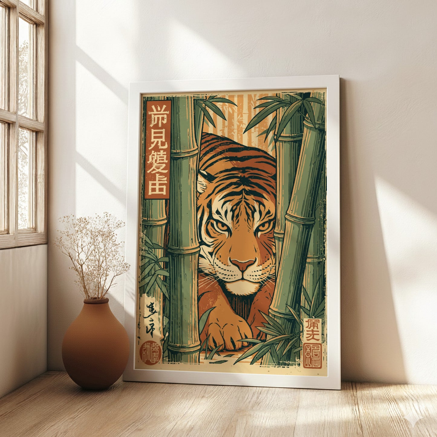 Japanese art style poster of a tiger peeking through bamboo stalks in a muted green and orange color palette.