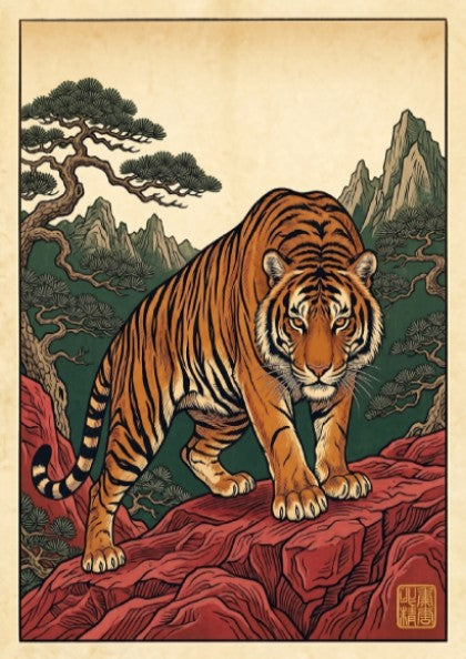 Japanese art style poster featuring a tiger on red rocks