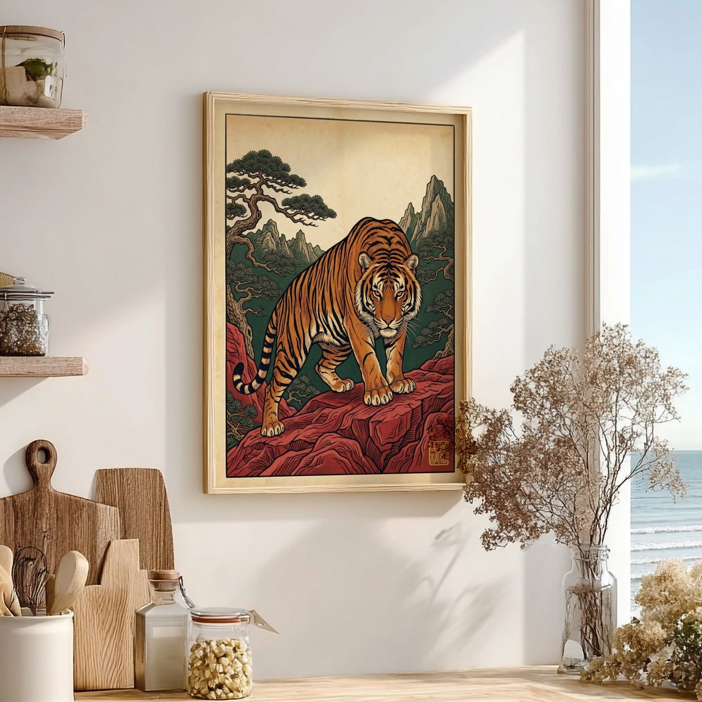 Japanese art style poster featuring a tiger on red rocks