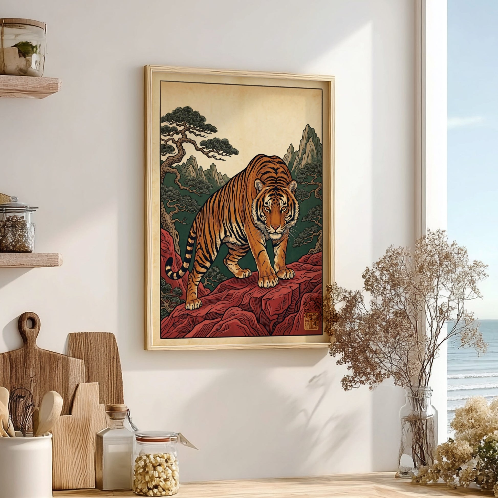 Japanese art style poster featuring a tiger on red rocks