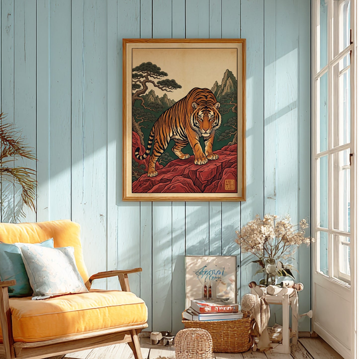 Japanese art style poster featuring a tiger on red rocks