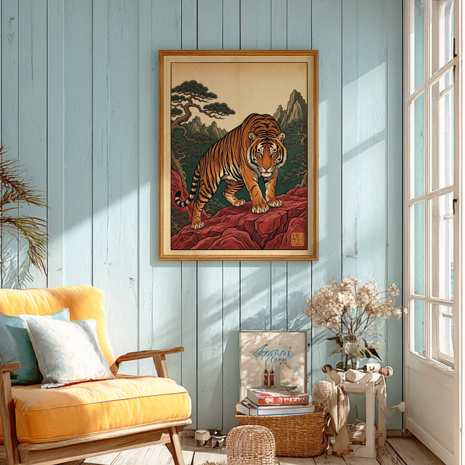 Japanese art style poster featuring a tiger on red rocks