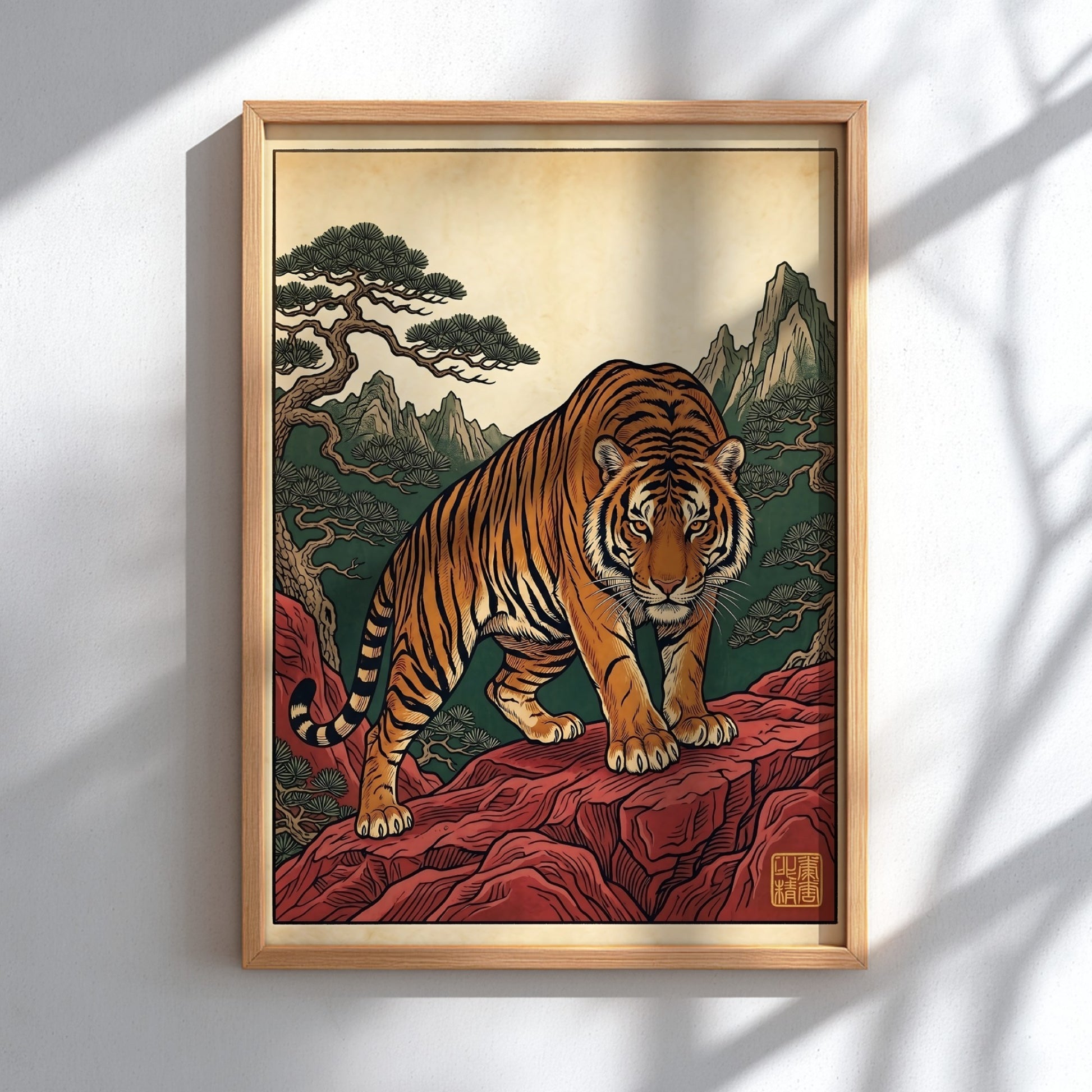 Japanese art style poster featuring a tiger on red rocks