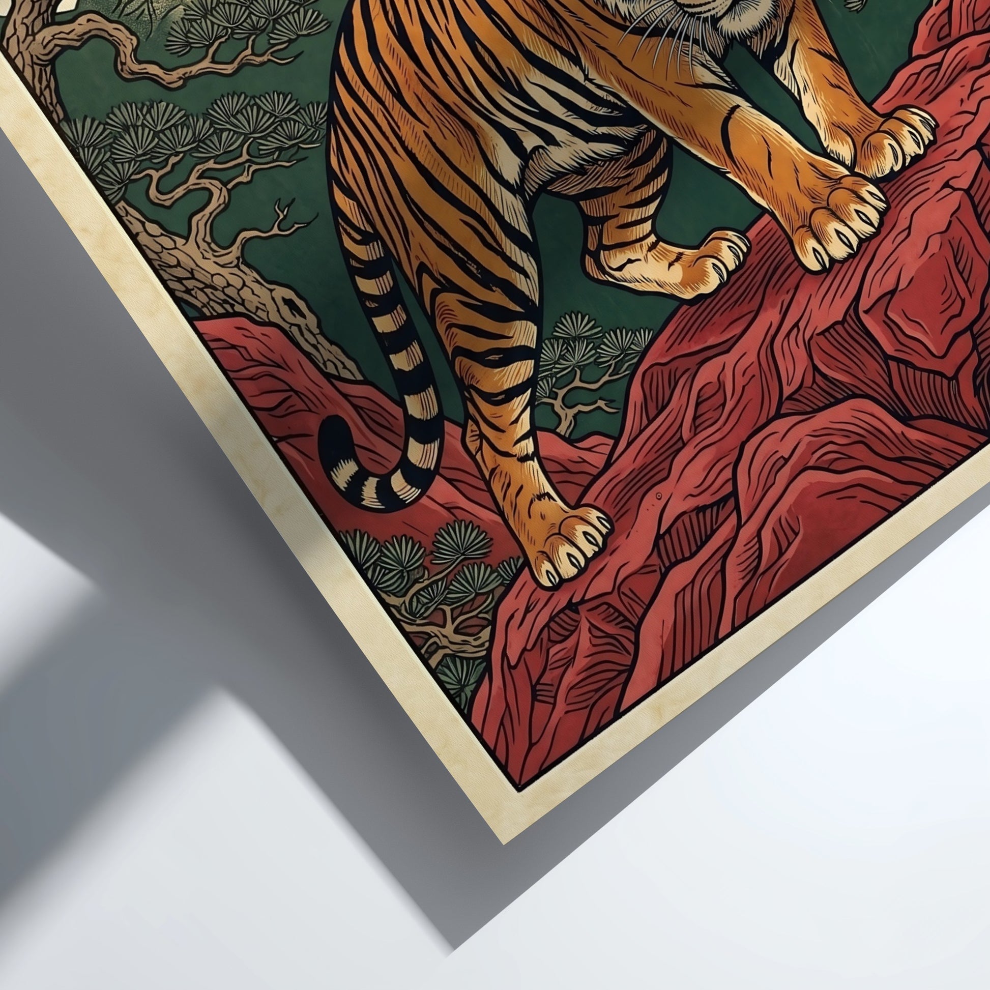 Japanese art style poster featuring a tiger on red rocks
