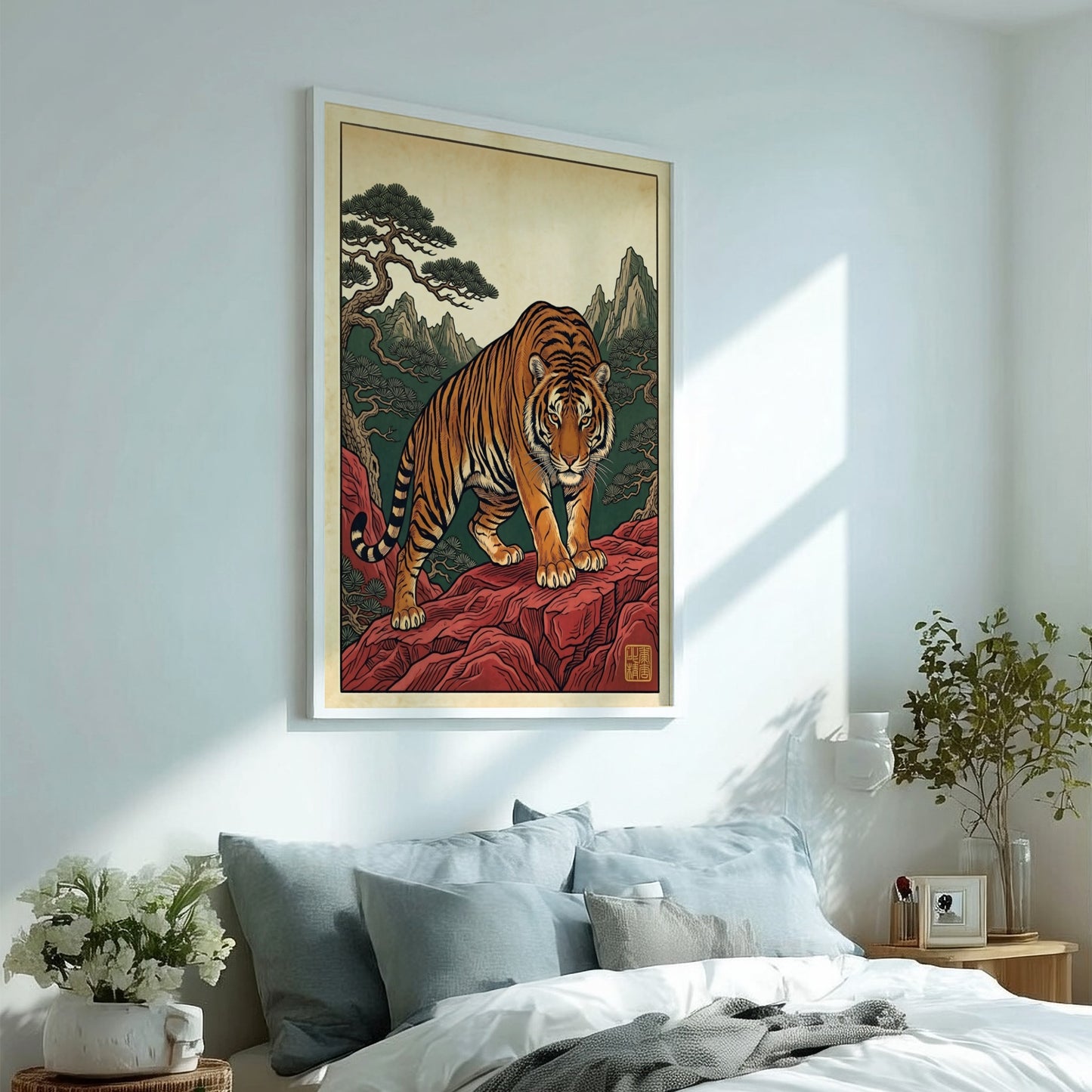 Japanese art style poster featuring a tiger on red rocks