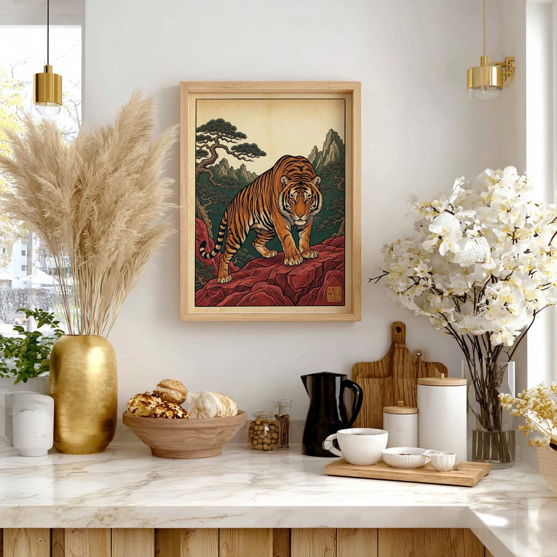 Japanese art style poster featuring a tiger on red rocks