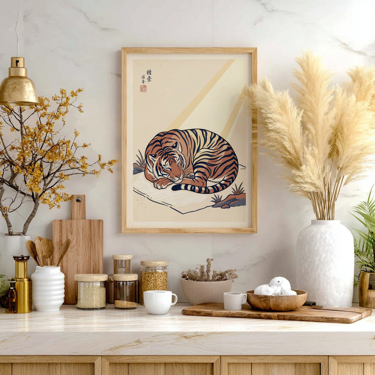 Poster of a tiger sleeping in a Japanese Ukiyo-e style with warm tones.