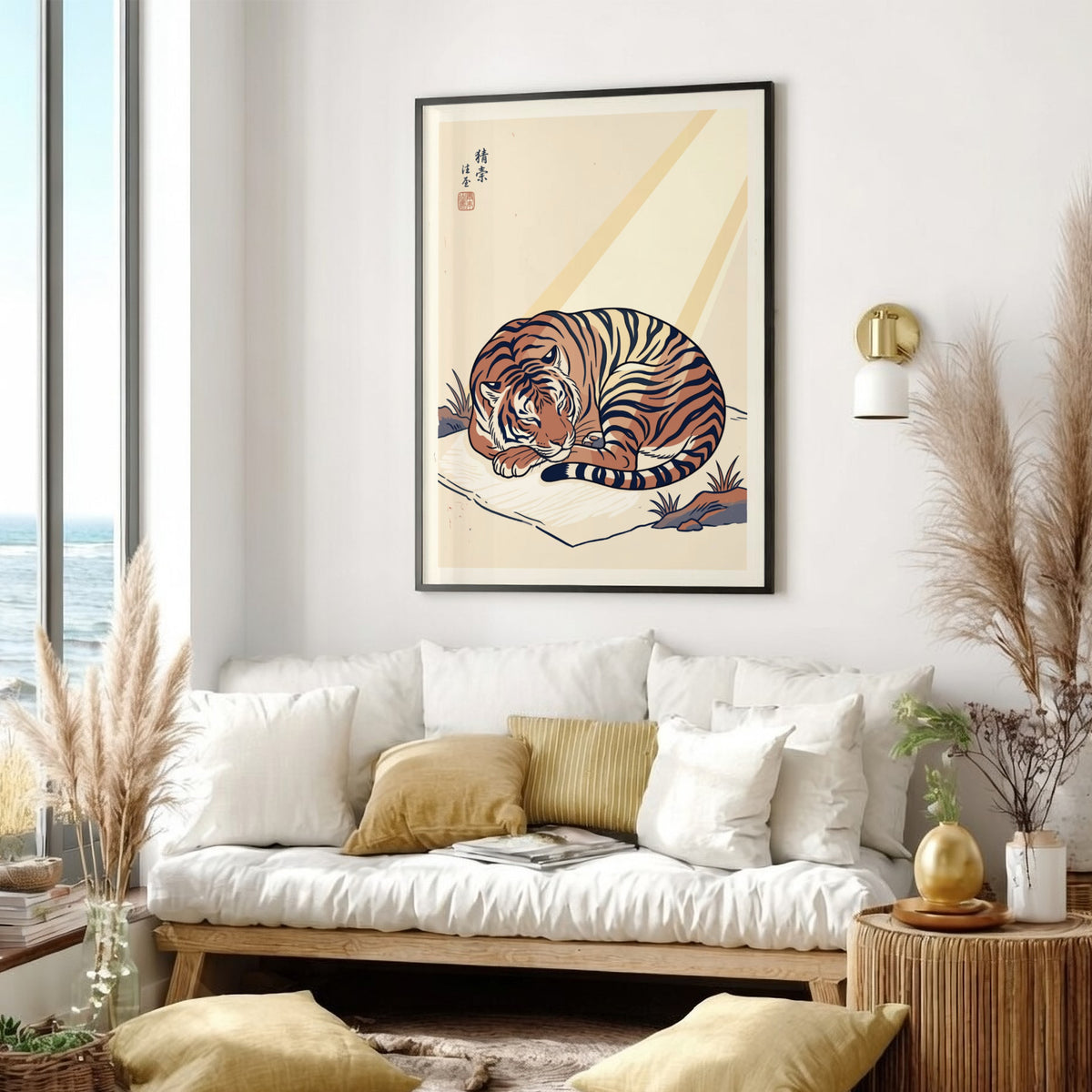 Poster of a tiger sleeping in a Japanese Ukiyo-e style with warm tones.