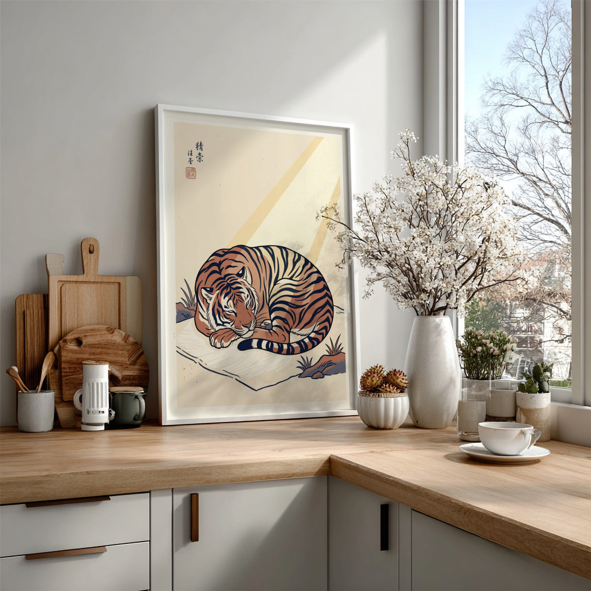 Poster of a tiger sleeping in a Japanese Ukiyo-e style with warm tones.