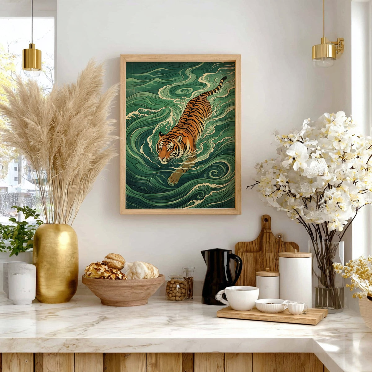 Japanese woodblock style wall print featuring a tiger swimming through swirling green water