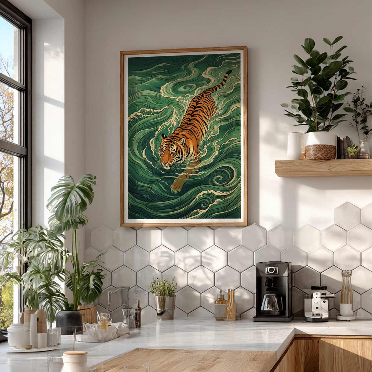 Japanese woodblock style wall print featuring a tiger swimming through swirling green water