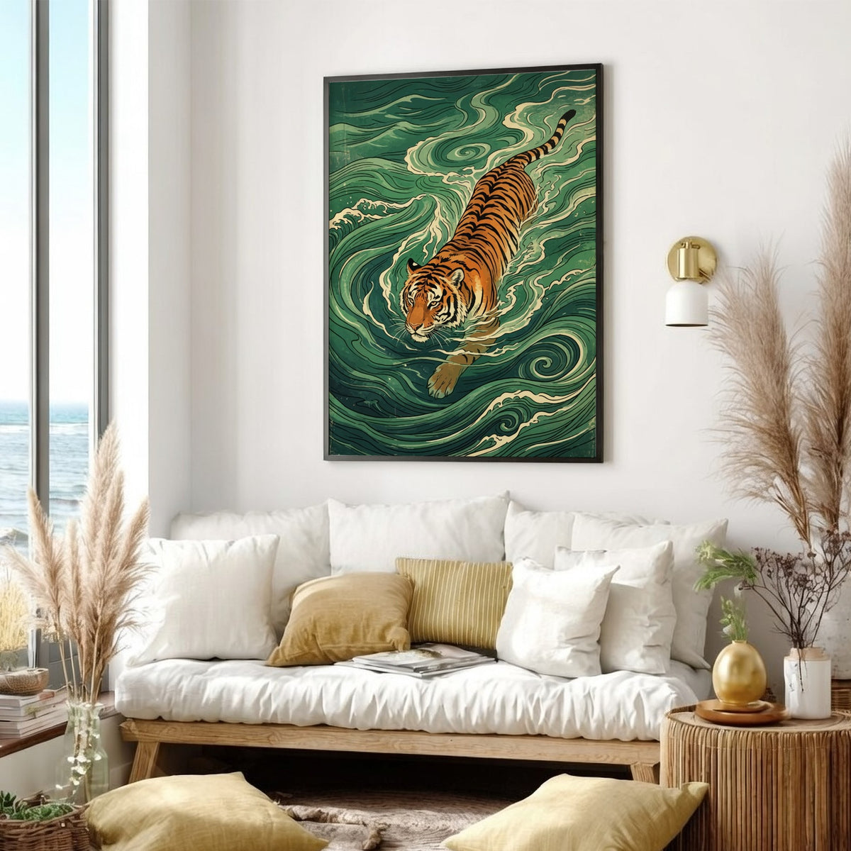 Japanese woodblock style wall print featuring a tiger swimming through swirling green water
