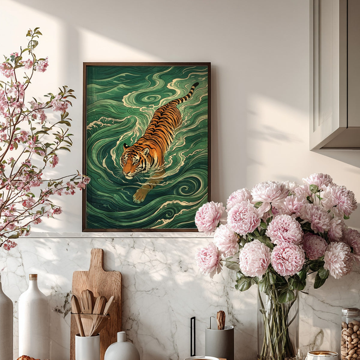 Japanese woodblock style wall print featuring a tiger swimming through swirling green water