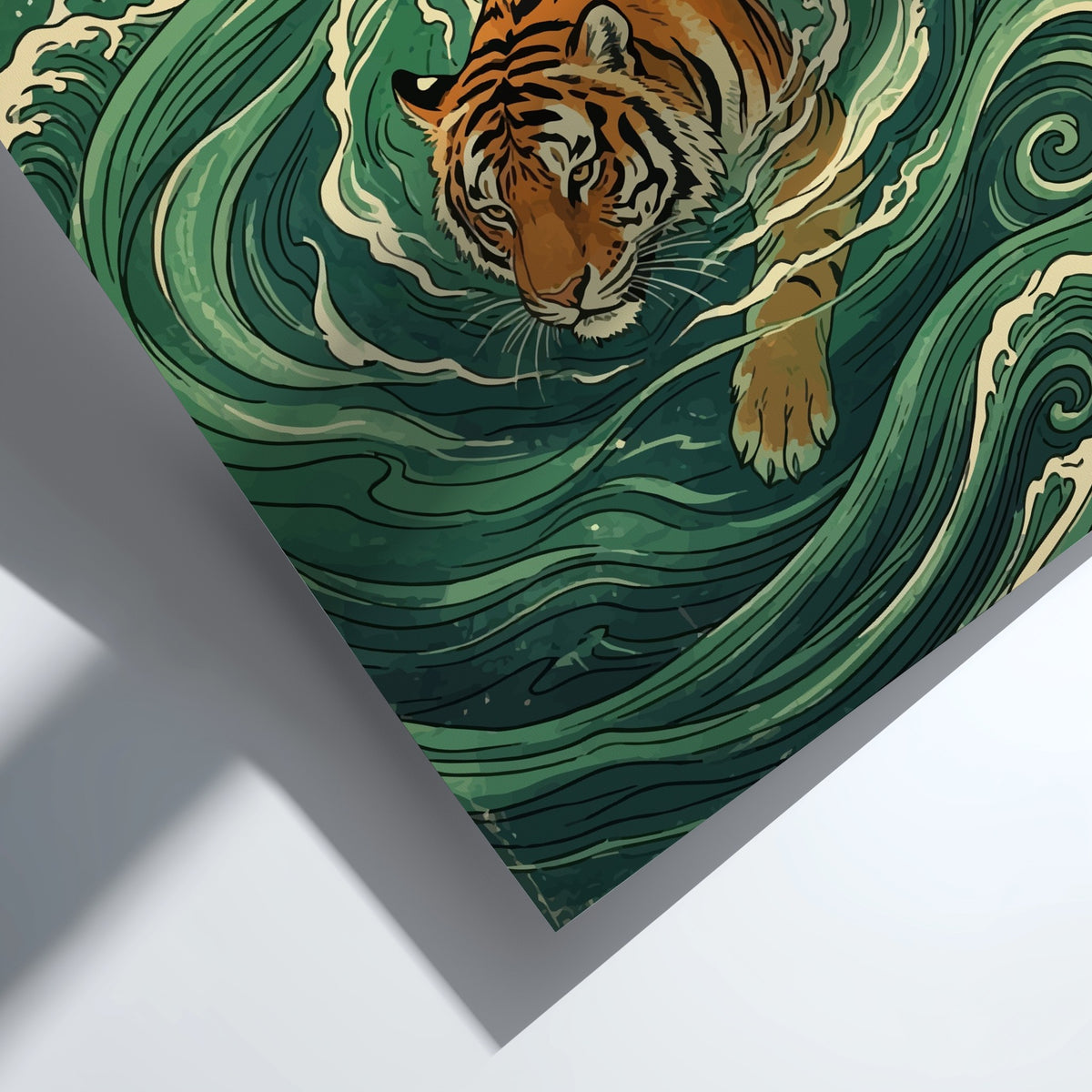 Japanese woodblock style wall print featuring a tiger swimming through swirling green water