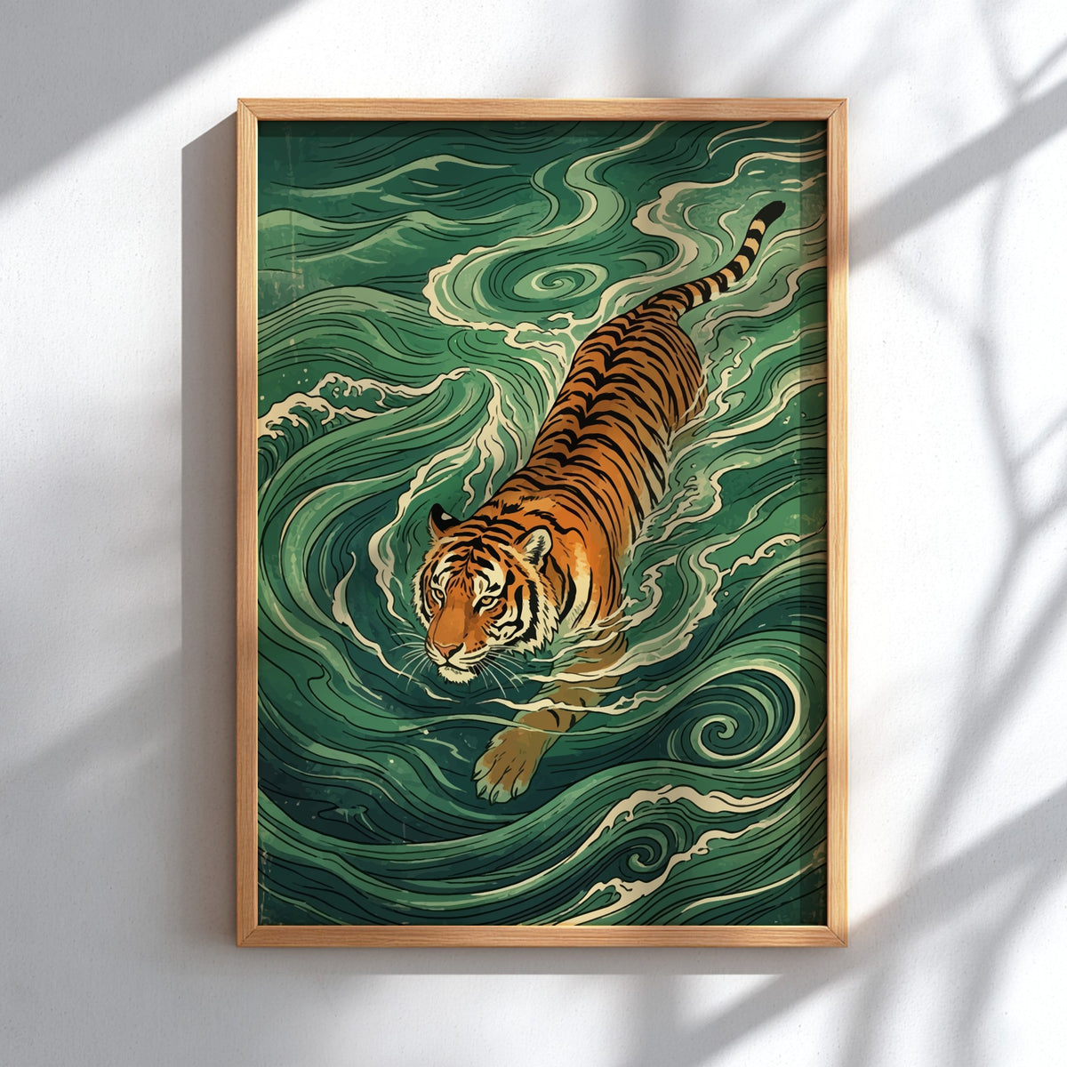 Japanese woodblock style wall print featuring a tiger swimming through swirling green water