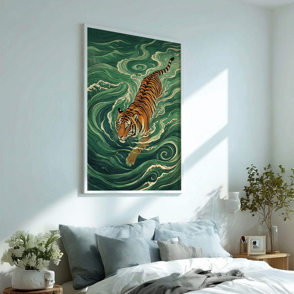 Japanese woodblock style wall print featuring a tiger swimming through swirling green water