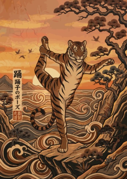 Poster of a tiger in a yoga pose against stylized Japanese ocean waves