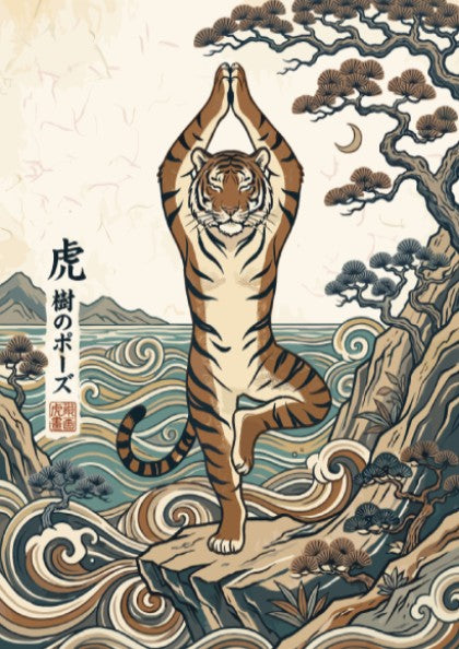 Poster featuring a tiger in yoga tree pose with Japanese style ocean waves.