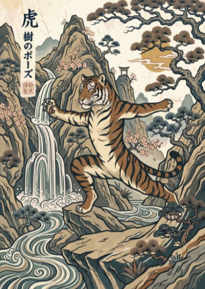 Poster featuring a tiger in a yoga warrior pose within a Japanese mountain landscape.