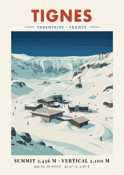 Tignes ski resort poster featuring snowy mountains and chalets in vintage style