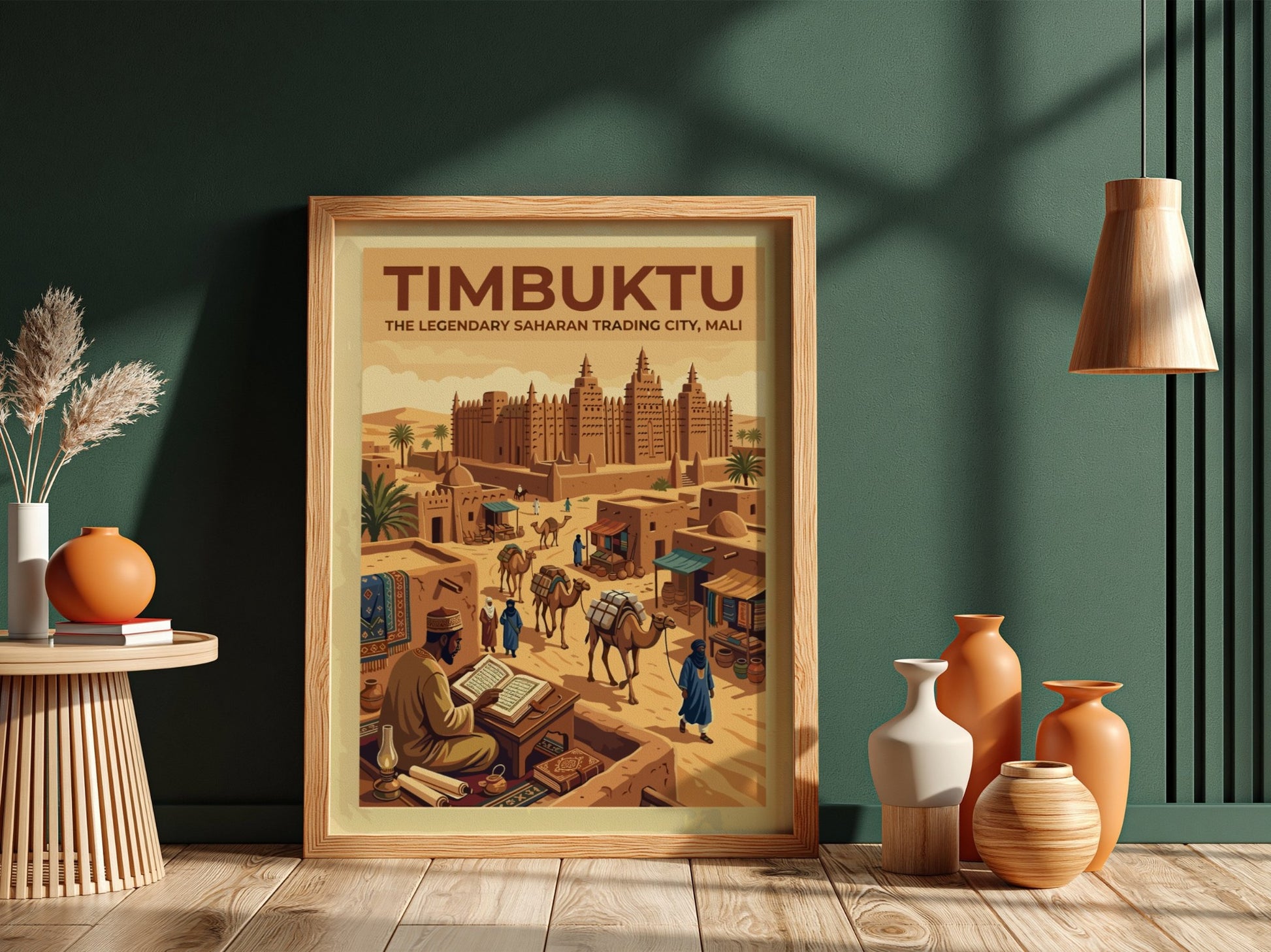 Travel poster of Timbuktu, Mali, featuring desert architecture, camels, and a scholar reading.