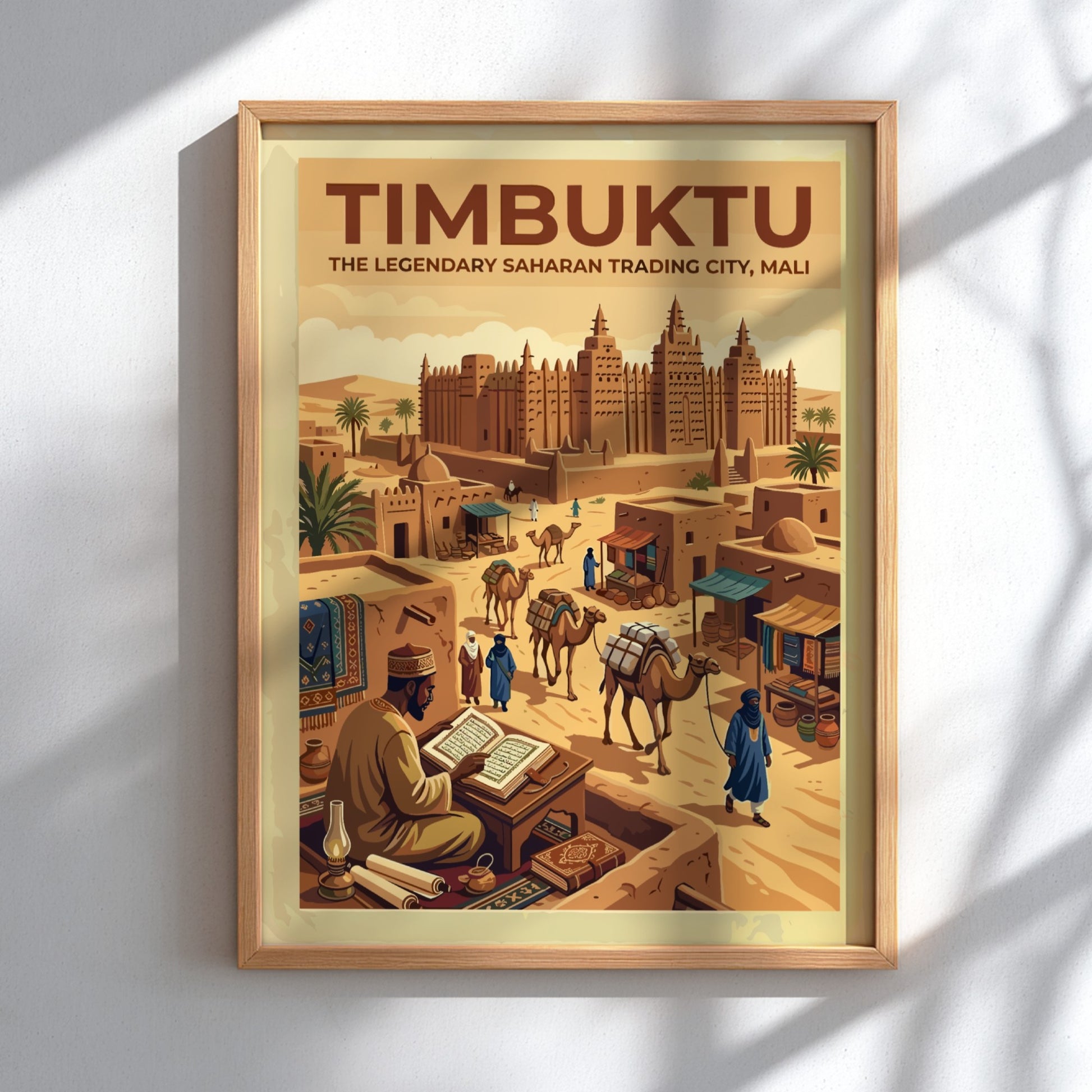 Travel poster of Timbuktu, Mali, featuring desert architecture, camels, and a scholar reading.