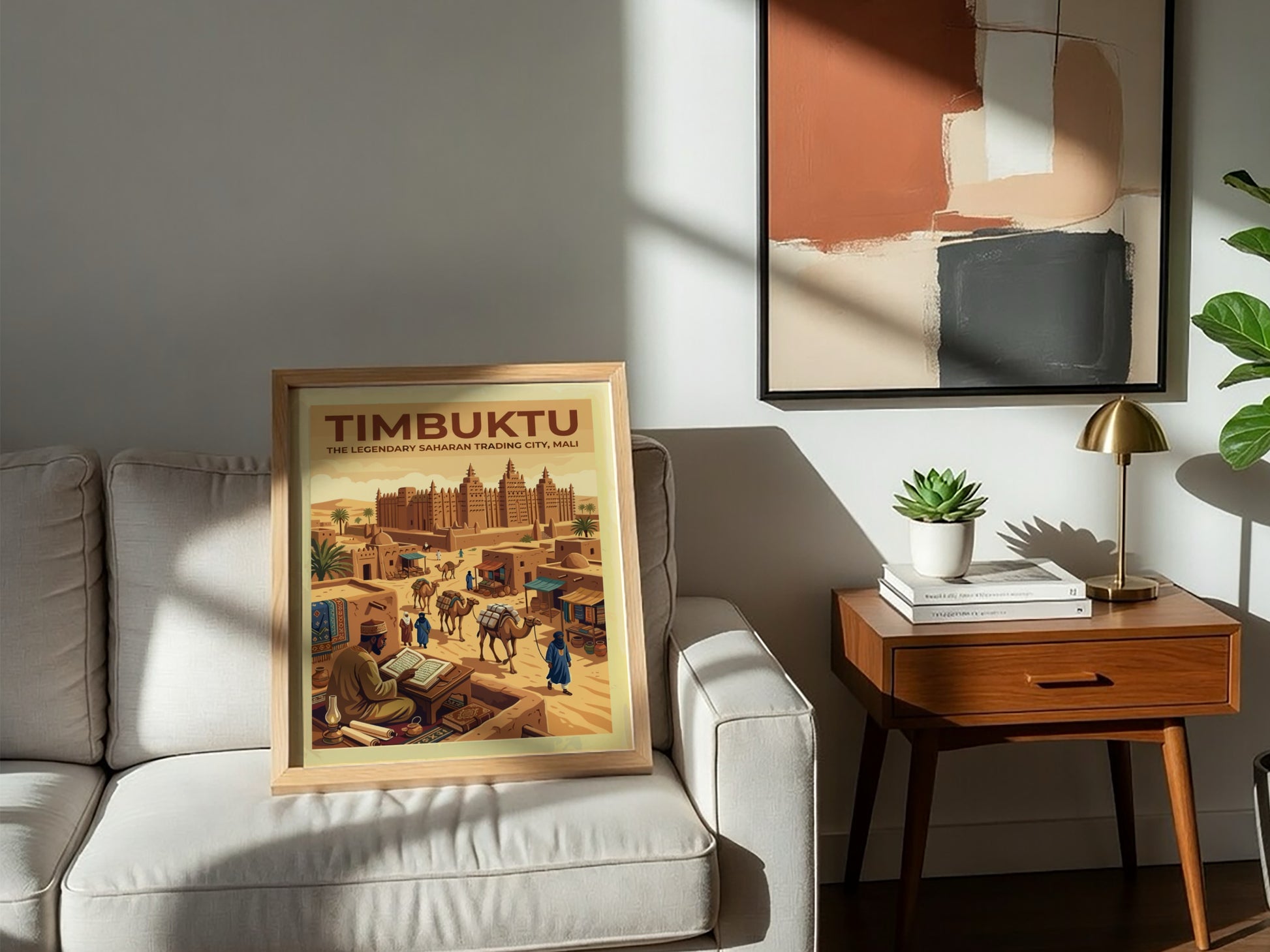 Travel poster of Timbuktu, Mali, featuring desert architecture, camels, and a scholar reading.