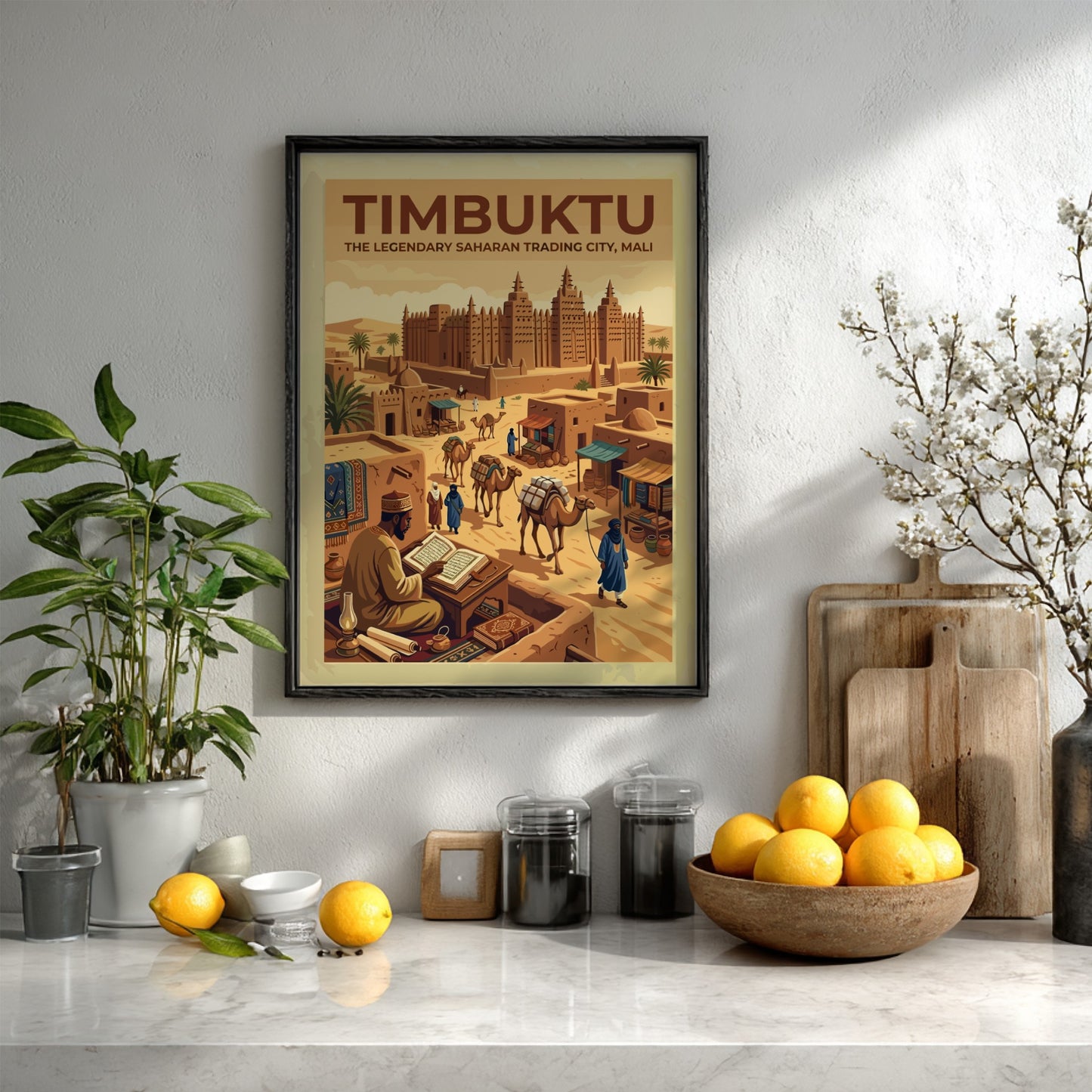 Travel poster of Timbuktu, Mali, featuring desert architecture, camels, and a scholar reading.