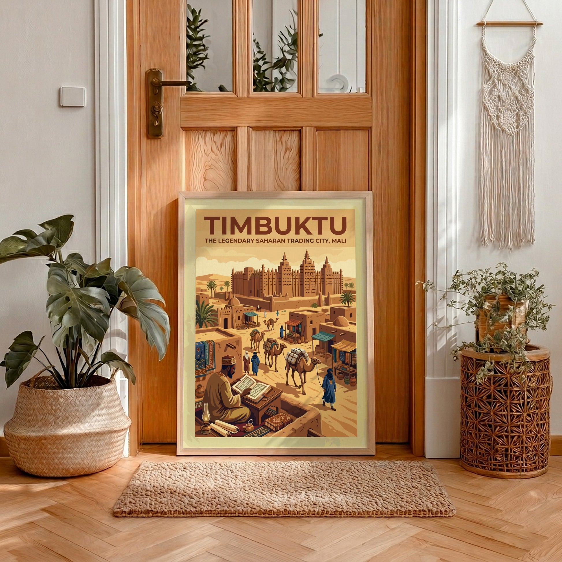 Travel poster of Timbuktu, Mali, featuring desert architecture, camels, and a scholar reading.