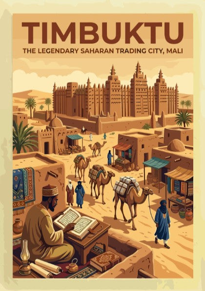 Travel poster of Timbuktu, Mali, featuring desert architecture, camels, and a scholar reading.