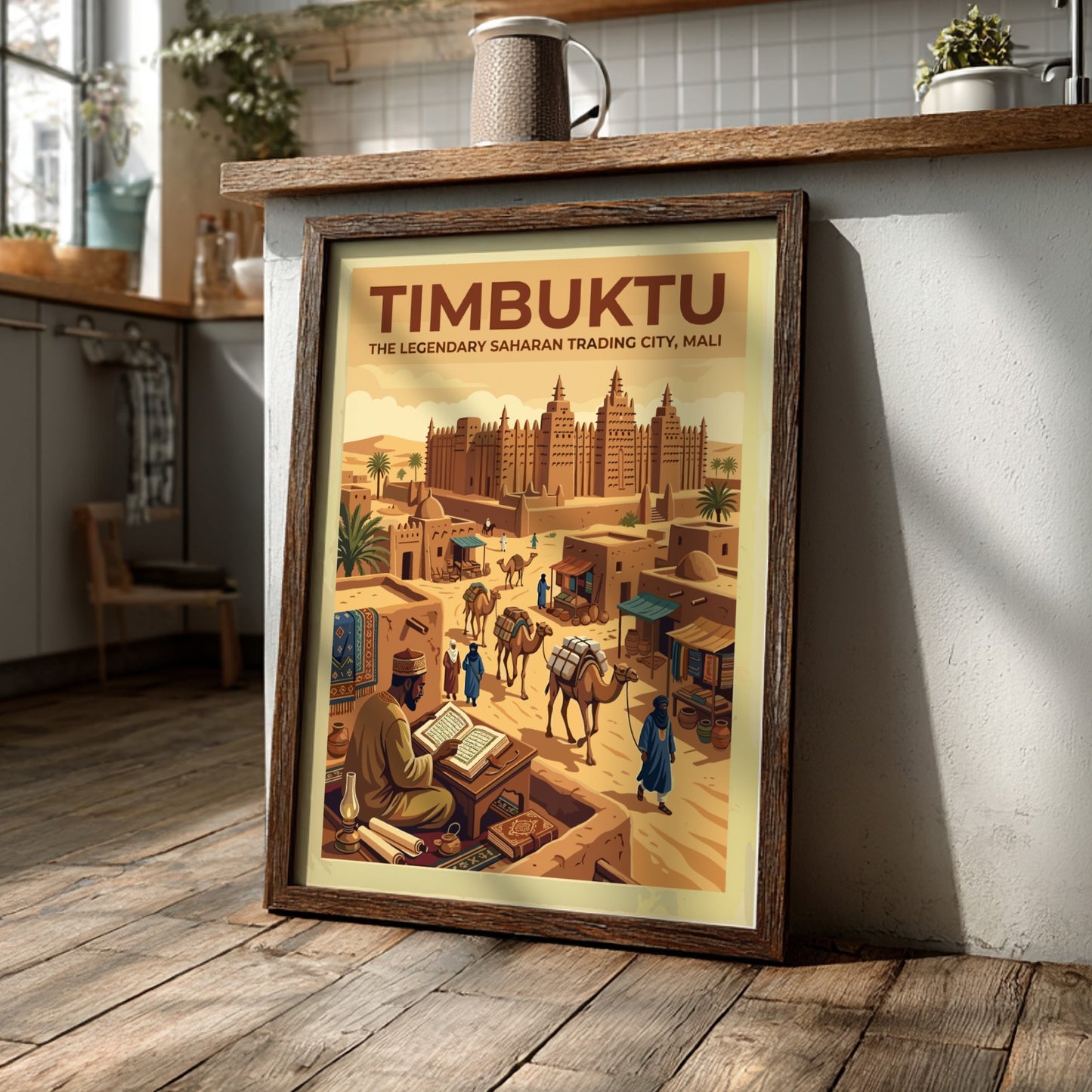 Travel poster of Timbuktu, Mali, featuring desert architecture, camels, and a scholar reading.