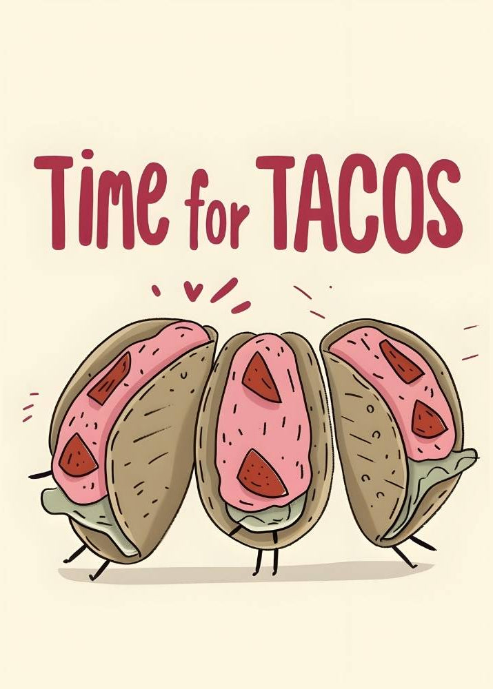 Cartoon tacos with strawberry filling and 'Time for Tacos' text on a beige background