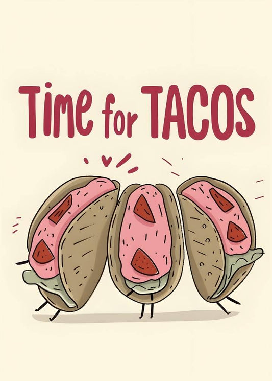 Cartoon tacos with strawberry filling and 'Time for Tacos' text on a beige background